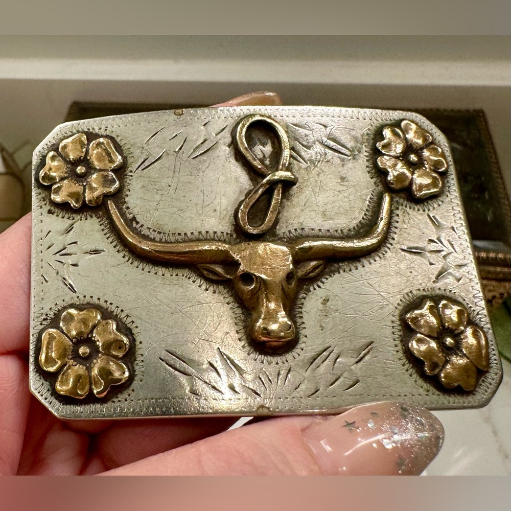 VTG Ricardo Nickel Silver/Bronze Trim Longhorn/Steer “J” Belt Buckle EUC - Picture 6 of 17